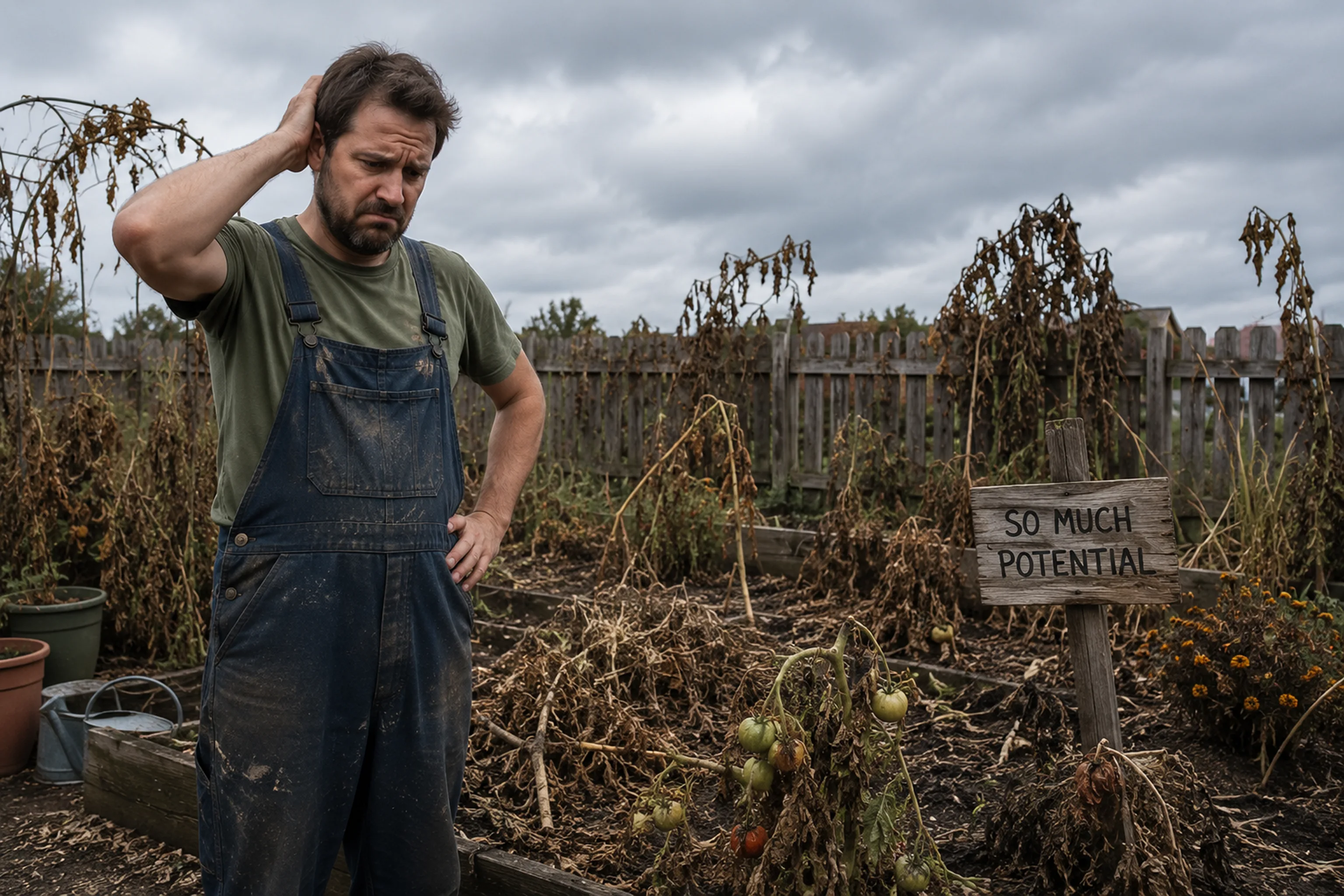 Confused gardener standing in a failed, wilting garden